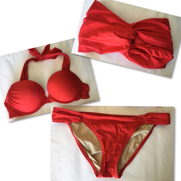 Victoria's Secret Other - VICTORIA’S SECRET RED RUCHED 3 PIECE BIKINI S 34B